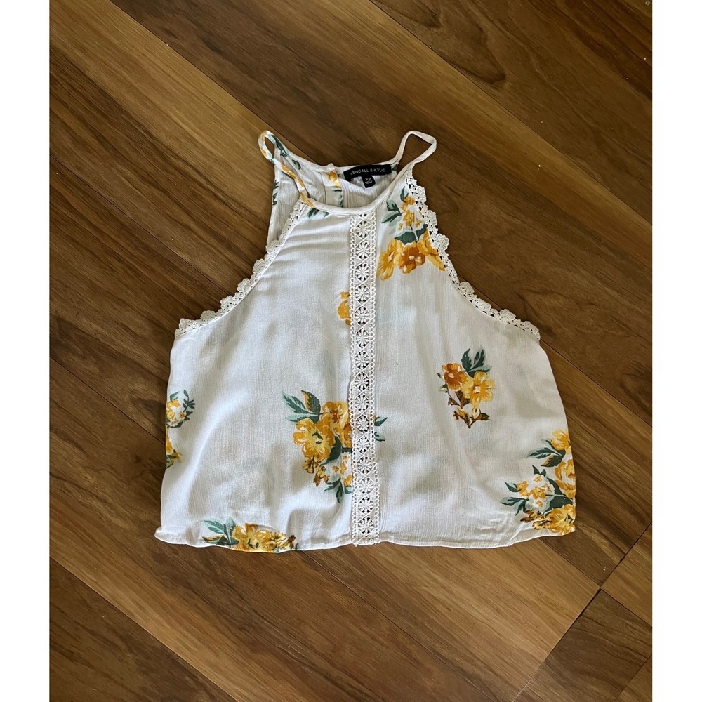 Kendall & Kylie Floral Halter Top White Yellow Crochet Lace Button Back XS